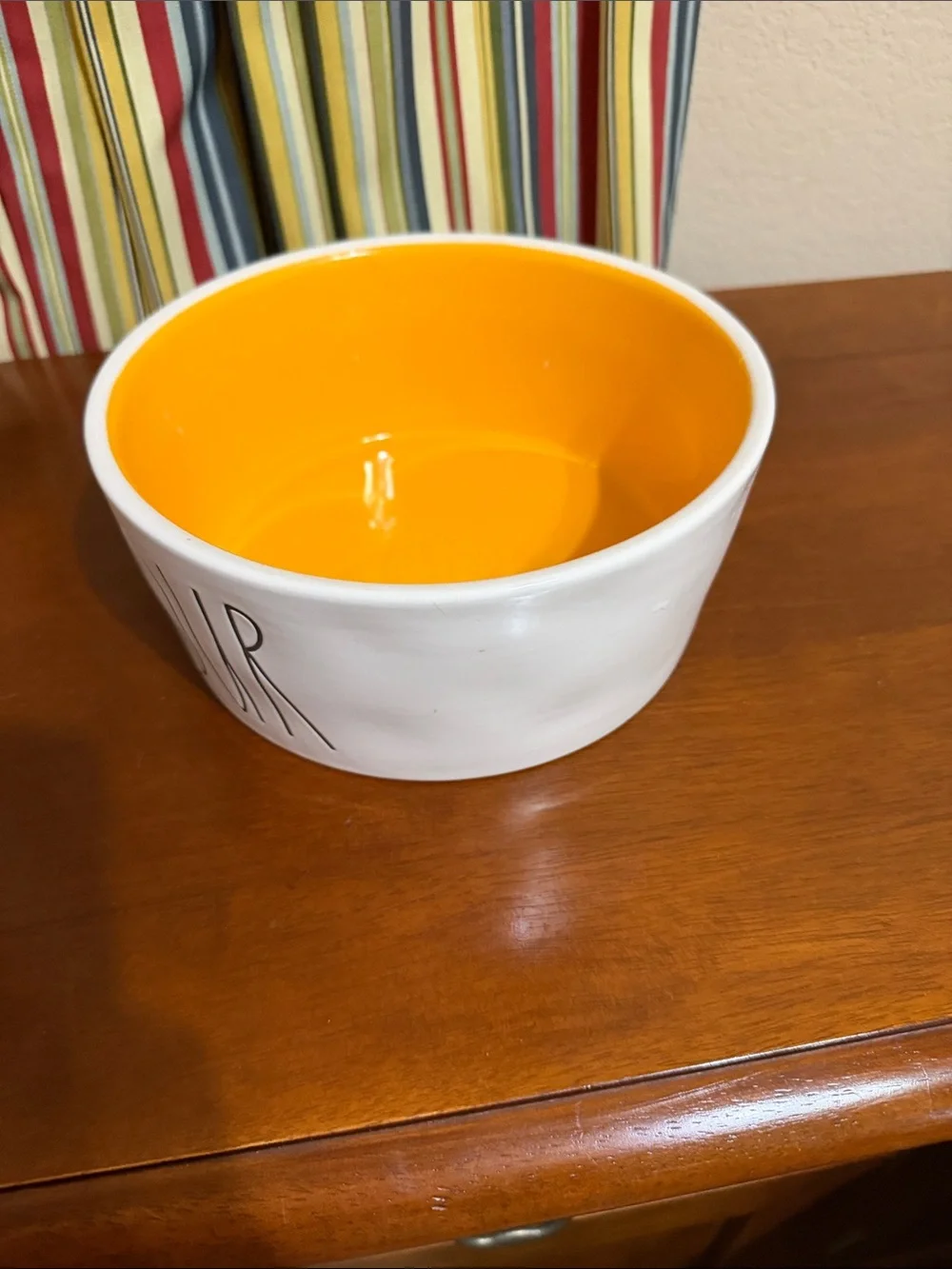Rae Dunn White Dog Bowl with Orange Interior - 'DEVOUR'
